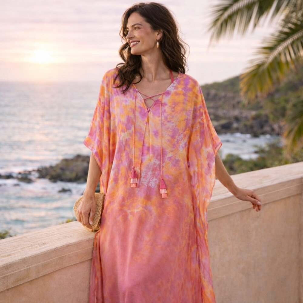 Tommy Bahama Tie Dye Caftan Long Cover Up L XL Pink Tassel Beach Maxi Viscose